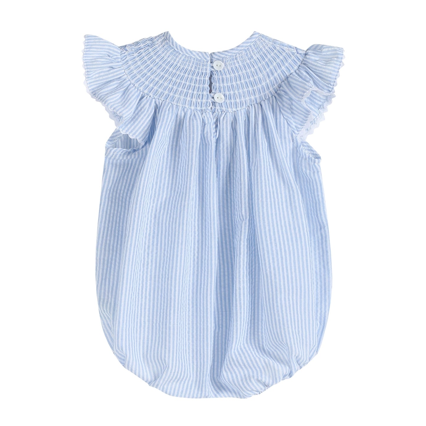 Blue Seersucker Baseball Smocked Bishop Dress