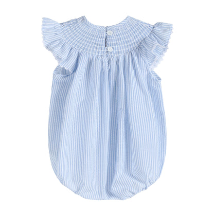 Blue Seersucker Baseball Smocked Bishop Dress