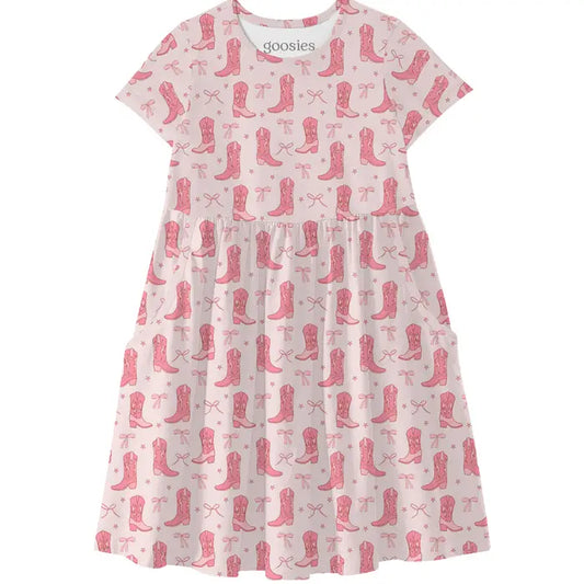 Cowgirl Boots & Bows - Short Sleeve Pocket Dress