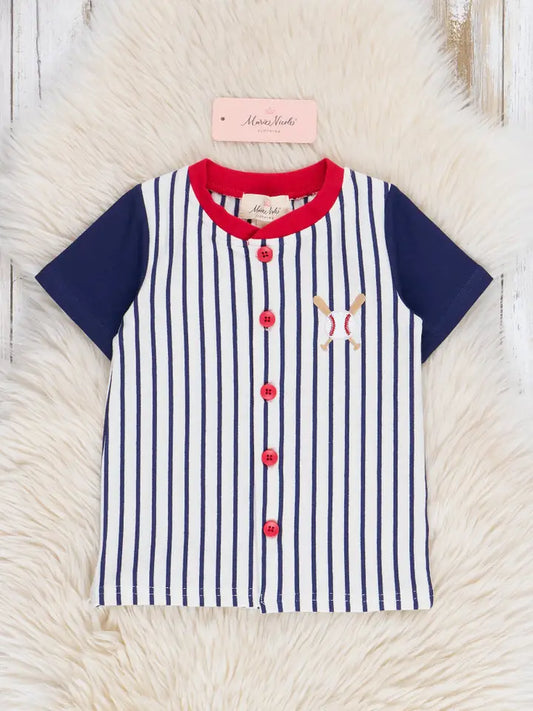 Baseball Stripes Raglan Button Up Shirt - Blue