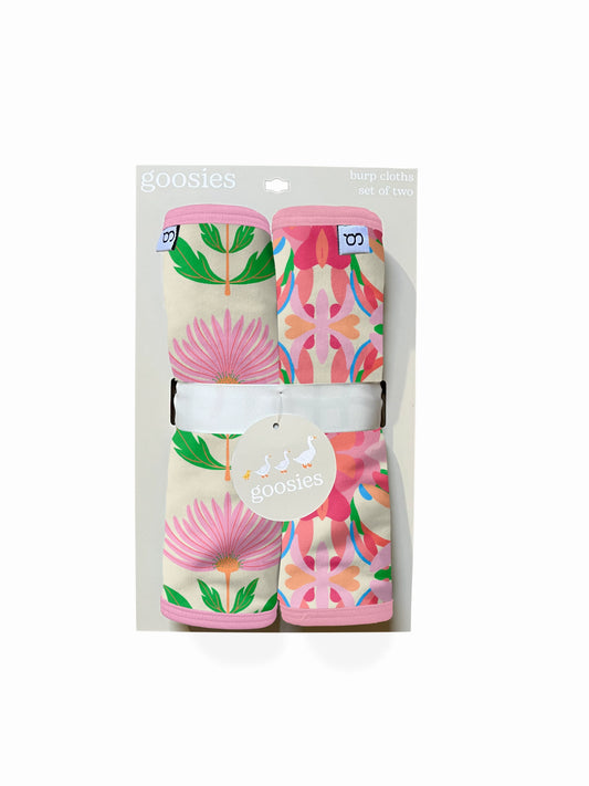 Pink Block Print Flowers - Burp Cloth Set