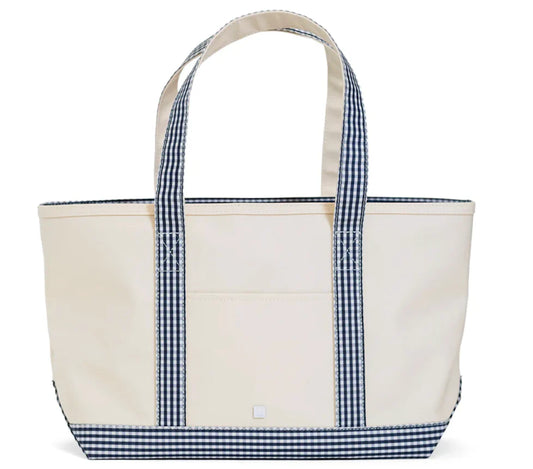 MEDIUM TOTE - COATED CANVAS NATURAL with GINGHAM NAVY TRIM